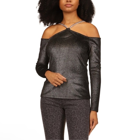 Michael Kors Tops - Michael Kors Women's Metallic Velvet Chain Cold Shoulder Top Gray, US Small